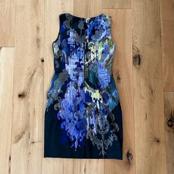 Elie Tahari Blue Purple Sheath Dress, Abstract Jewel Pattern Sequins Pockets, 6 - Picture 3 of 11
